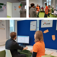 Participants testing the software prototype at the A+CHIS exhibition and evaluation session at Medical University of Graz, May 12, 2023.