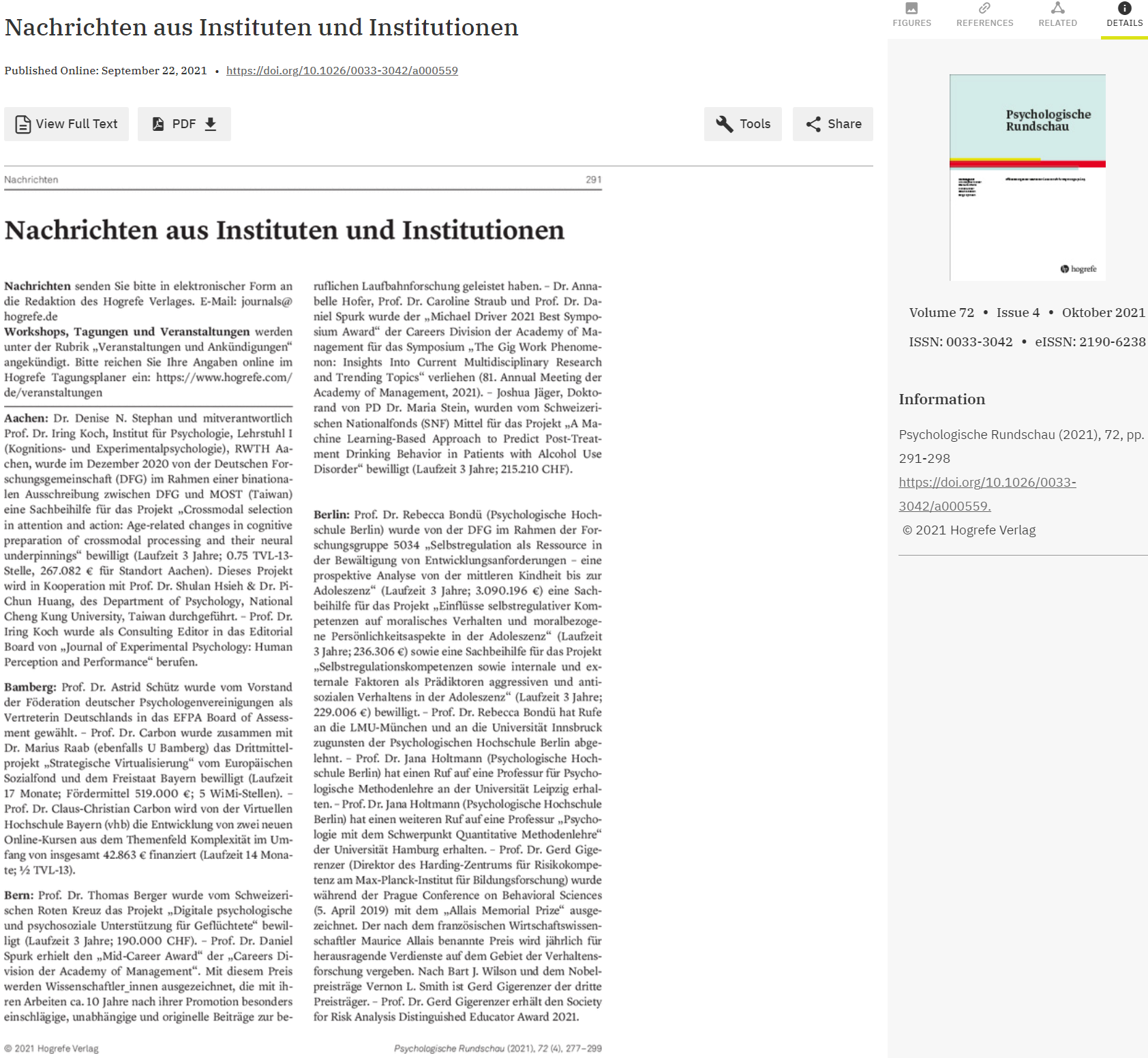 An image of the Nachrichten aus Instituten und Institutionen section of the Psychologische Rundschau.